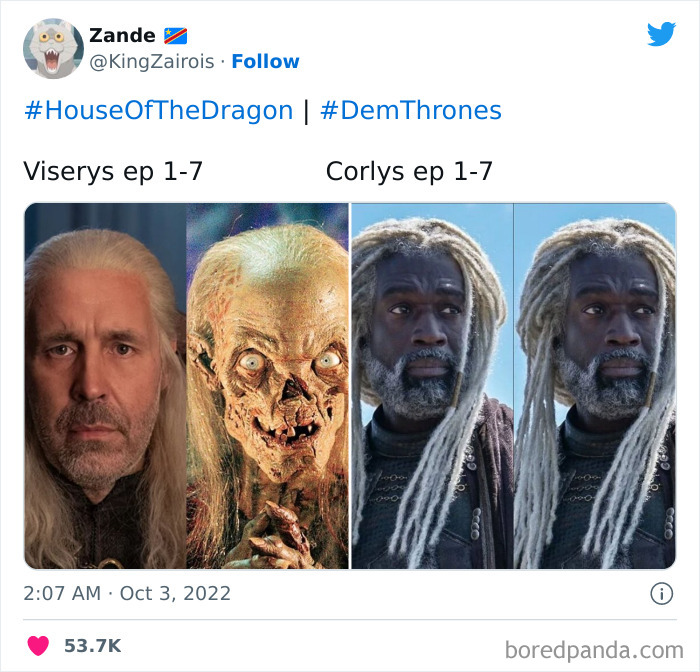 House Of The Dragon meme comparing Viserys and Corlys in episodes 1-7, showing humorous character transformation.