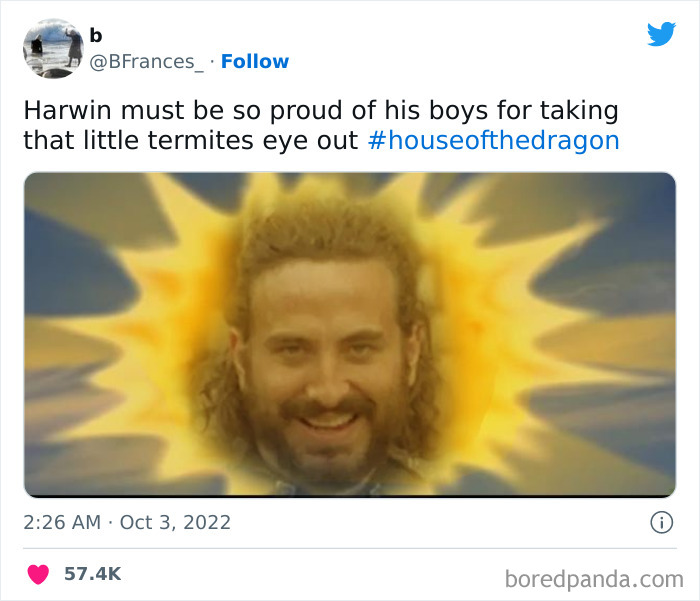 Meme featuring a smiling man with a glowing halo and comedic text referencing House of the Dragon.