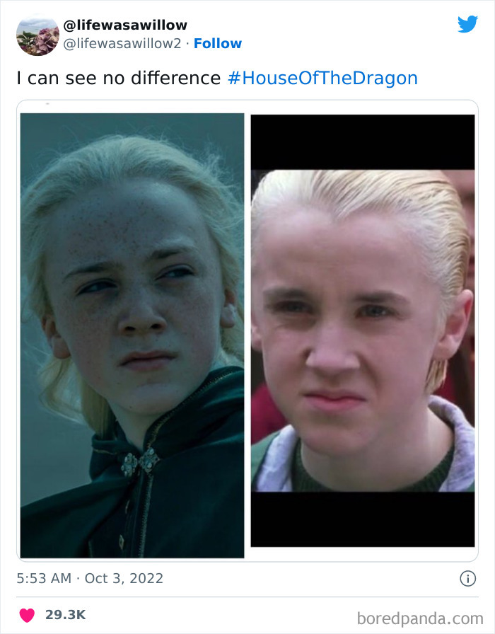 Side-by-side comparison of two characters with similar expressions from House of the Dragon meme.