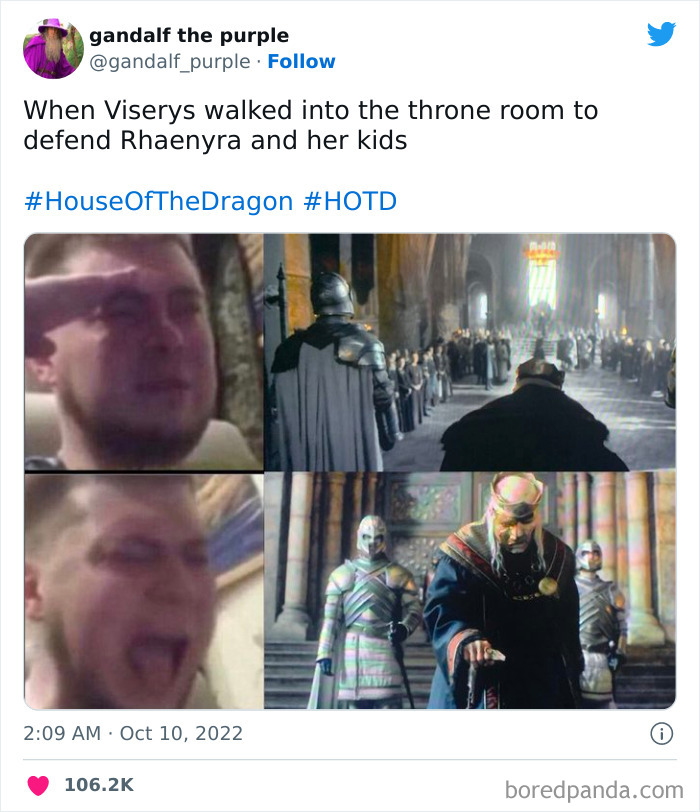 "House of the Dragon meme showing emotional reactions to a throne room scene with Viserys and Rhaenyra."