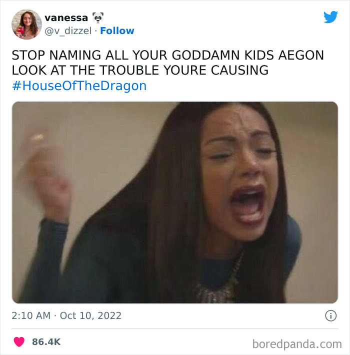 Woman yelling meme with text about naming kids Aegon, referencing House of the Dragon.