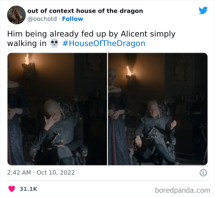 Two characters from House of the Dragon in a throne room, one appearing frustrated with the other's presence.