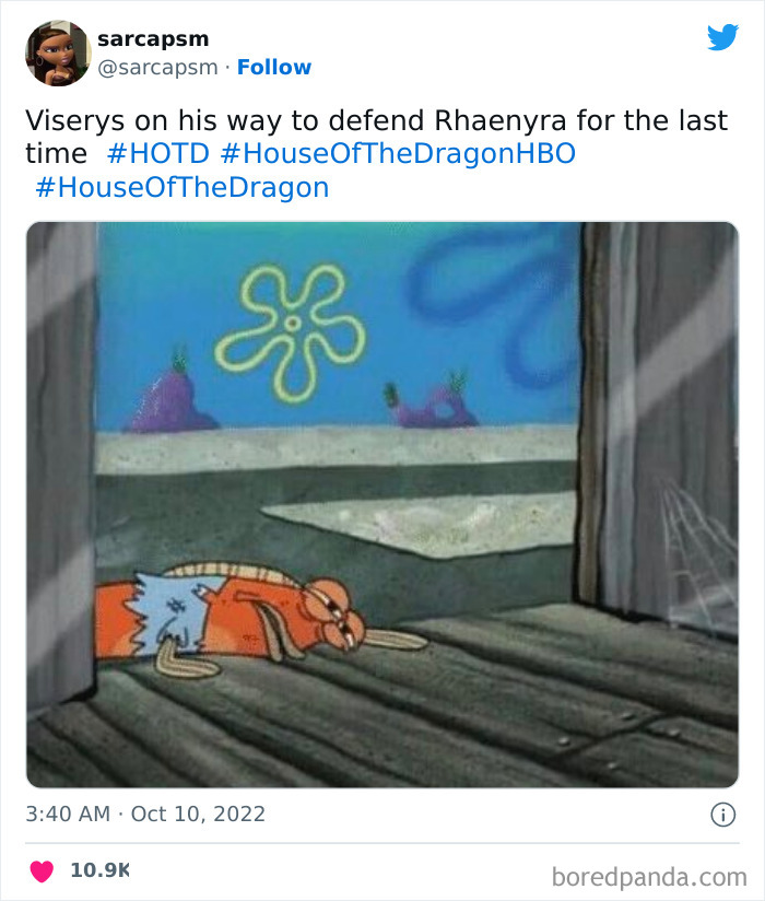 Cartoon character tiredly crawling, referencing a humorous House of the Dragon meme on Twitter.