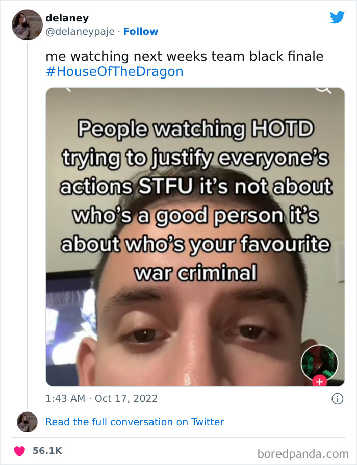 Close-up photo with text about viewers discussing characters from House of the Dragon.