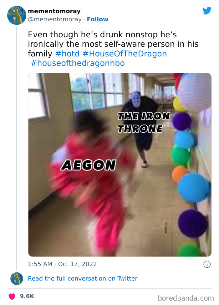 Person labeled "Aegon" running towards balloon decorations labeled "The Iron Throne" in a House of the Dragon meme.