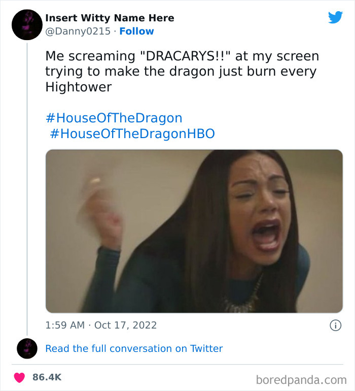 Woman passionately yelling with caption about dragons, referencing House of the Dragon memes.