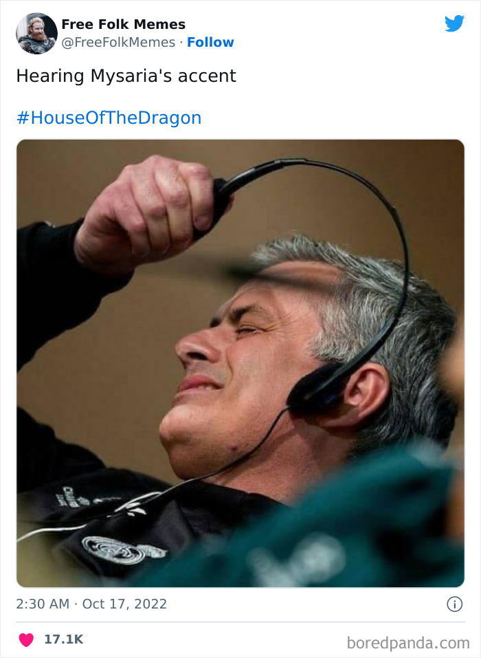 Man wearing a headset, grimacing humorously; text references House of the Dragon.