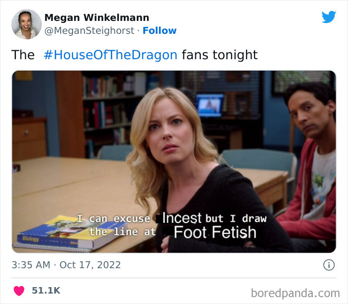 Woman at a table with a caption about "House of the Dragon" fans and humorous boundaries in social norms.
