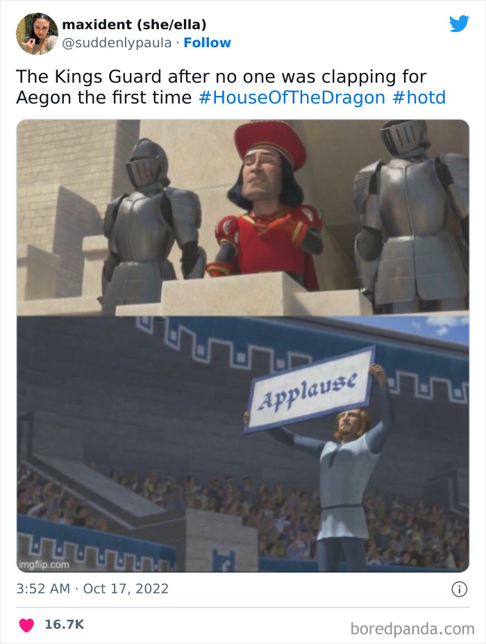 A meme with "Shrek" characters humorously referencing House of the Dragon; one holds an "Applause" sign.