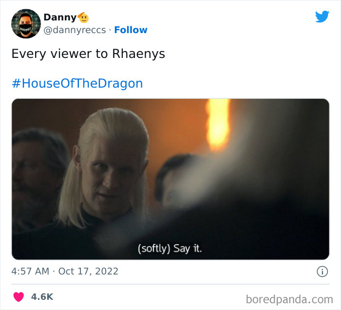 House of the Dragon character looking serious, with text overlay "(softly) Say it."