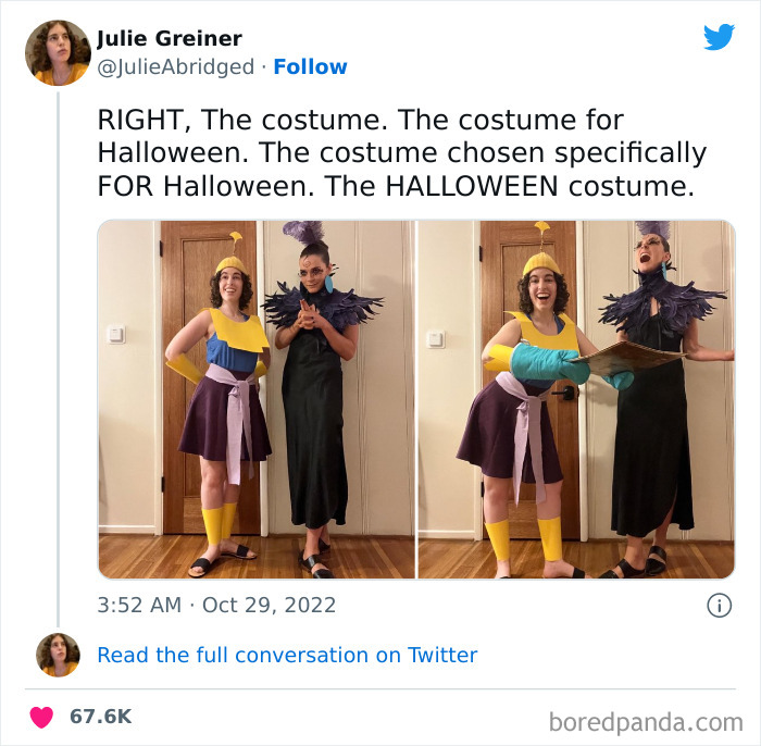 Two people in creative Halloween costumes posing in a home setting, showcasing Halloween costume creativity.