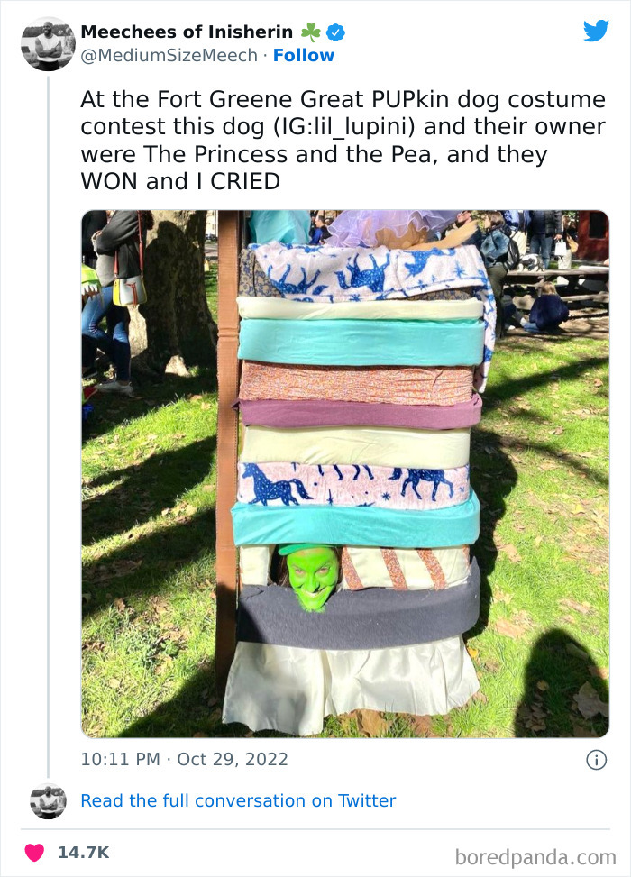 Person with a green face in a Princess and the Pea costume made of stacked mattresses at a Halloween contest.