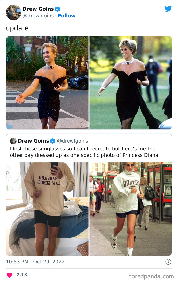 Person nailing Halloween dressed as Princess Diana in iconic black dress and casual Harvard outfit for Halloween costume.