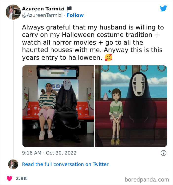 Couple in creative Halloween costumes inspired by iconic animated characters, showcasing people nailing Halloween this year.