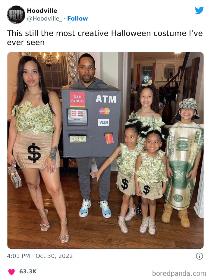 Group dressed in creative Halloween costumes with money and ATM themes, showcasing people nailing Halloween this year.