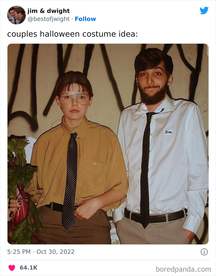 Couple dressed in creative Halloween costumes with ties and name tags posing for a photo, showcasing Halloween costume ideas.