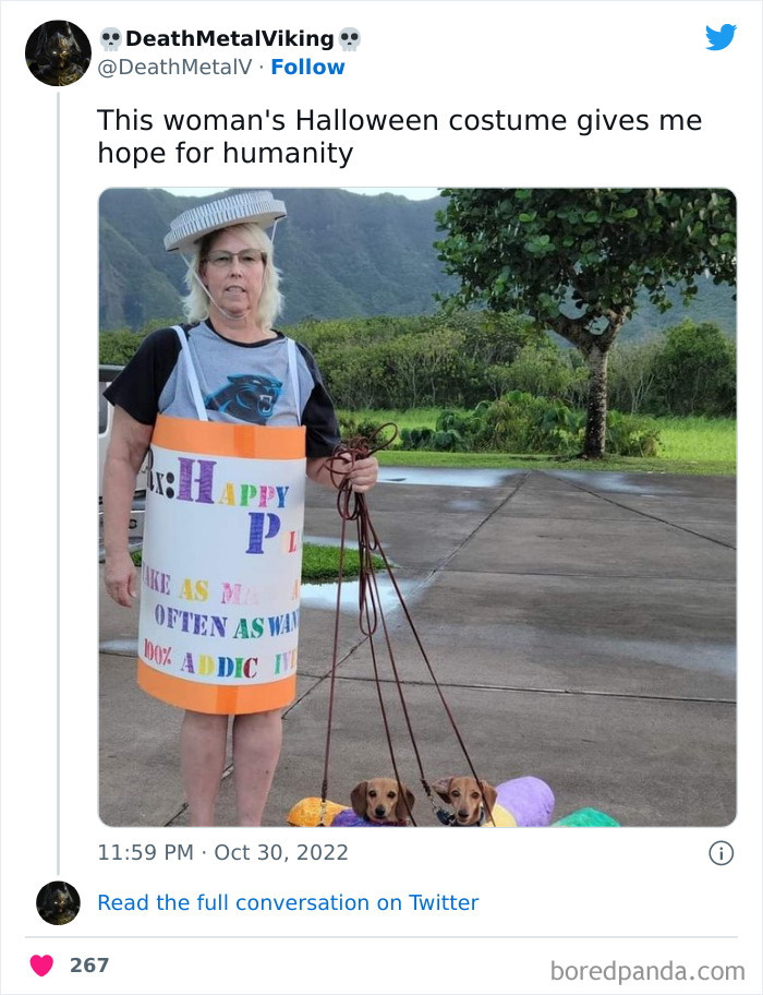 Woman wearing creative Halloween costume holding leashes, walking three dogs dressed as colorful caterpillars outdoors.