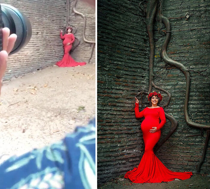 Photographer capturing a pregnant woman in a red dress posing against textured wall showing truth behind perfect professional photos.