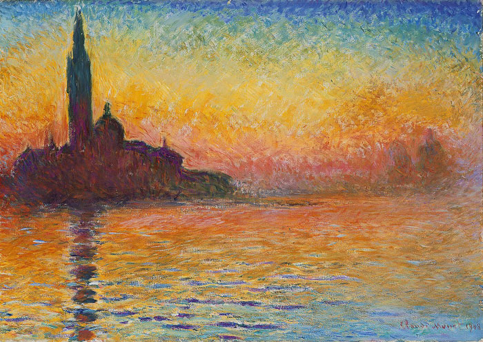 Sunset landscape painting with vivid colors reflecting on water by a world-famous painter.