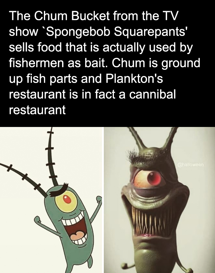 Side-by-side images of Plankton from Spongebob and a creepy realistic version, illustrating creepy facts and pictures.