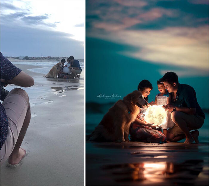 Photographer reveals the truth behind perfect professional photos featuring a family and dog on the beach at sunset with creative lighting.