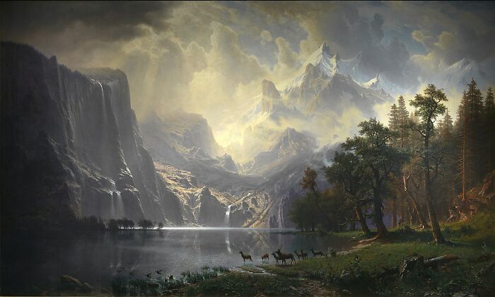Landscape painting of a serene lake with mountains and trees in the background by a world-famous painter.