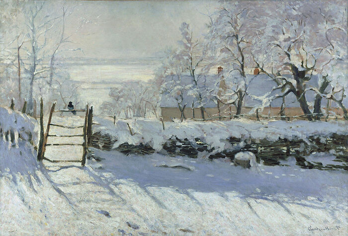 Snowy landscape painting by a world-famous painter, depicting a serene winter scene with trees and houses.