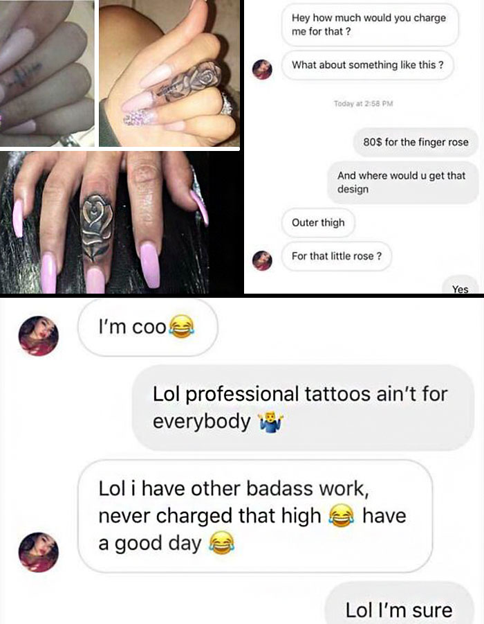 Text conversation about tattoo pricing with images of finger rose tattoo, highlighting a challenging customer interaction.
