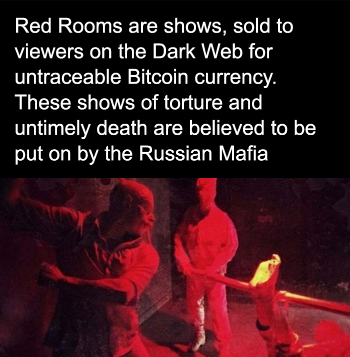 Dark red-lit scene showing t*****e with text about Red Rooms sold for Bitcoin on the Dark Web, linked to Russian Mafia creepy facts.