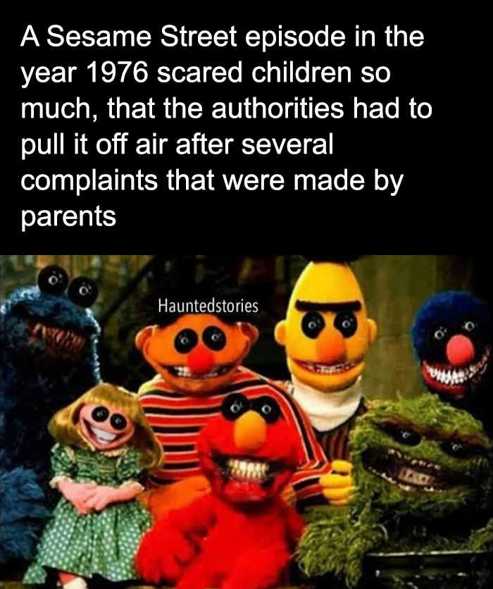Creepy Sesame Street characters with distorted faces and eerie smiles, featured in random creepy facts to deprive sleep.