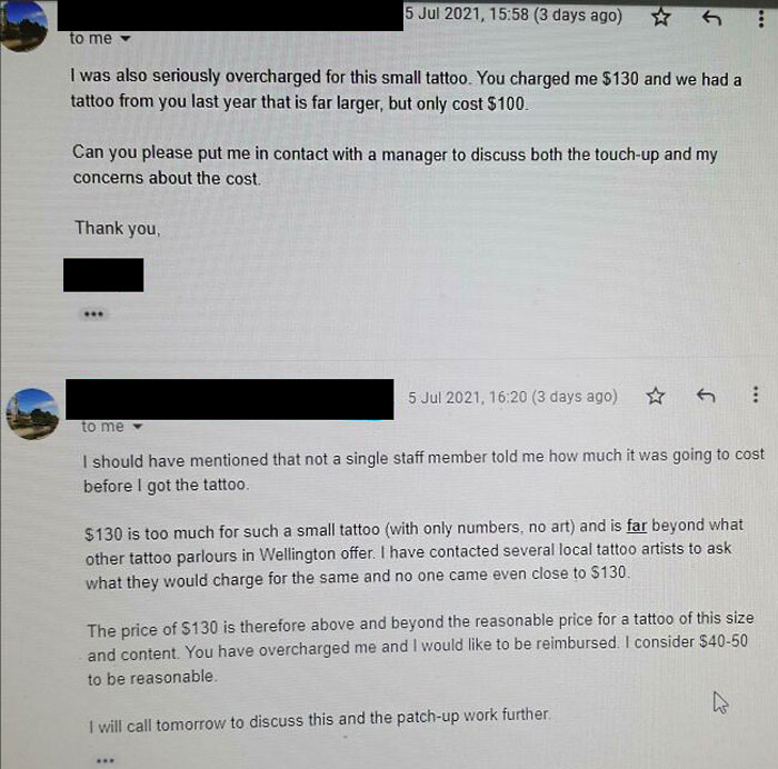 Customer email complaint about a small tattoo overcharge, highlights tattoo artists' challenging clients.