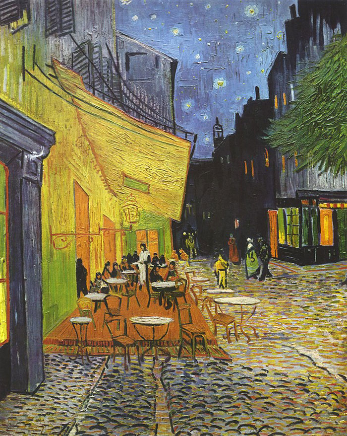 Street scene with vibrant café under starry night, example of landscape paintings by world-famous painters.