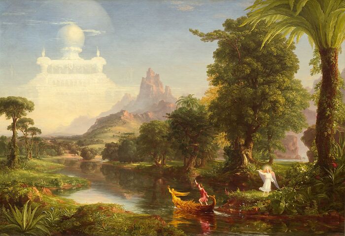 Landscape painting with lush greenery, a river, and a mystical building in the background.
