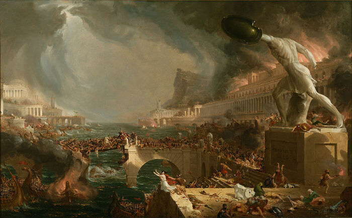 Dramatic landscape painting depicting chaos and destruction, showcasing dynamic scenes by world-famous painters.
