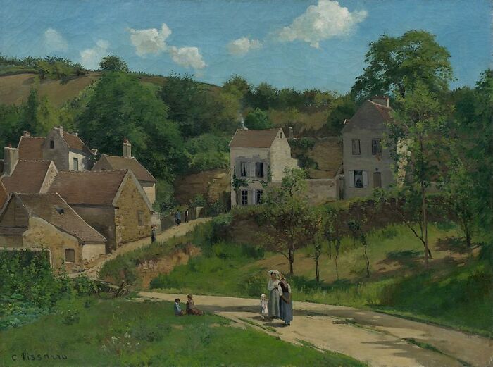 Landscape painting depicting a quaint village scene, with houses, trees, and people strolling on a sunny day.