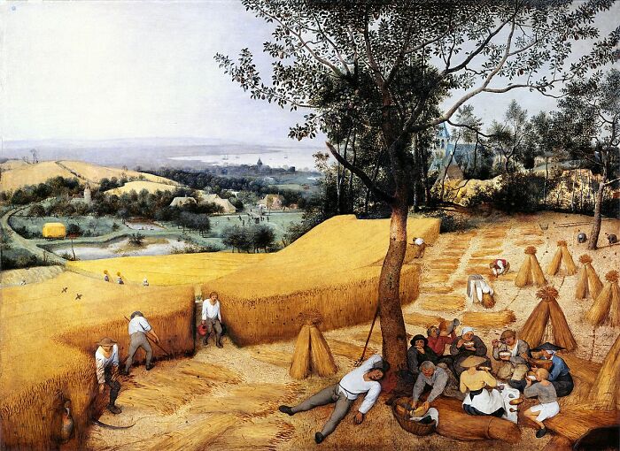 A serene landscape painting with workers in a golden wheat field under a tree, typical of world-famous painters.