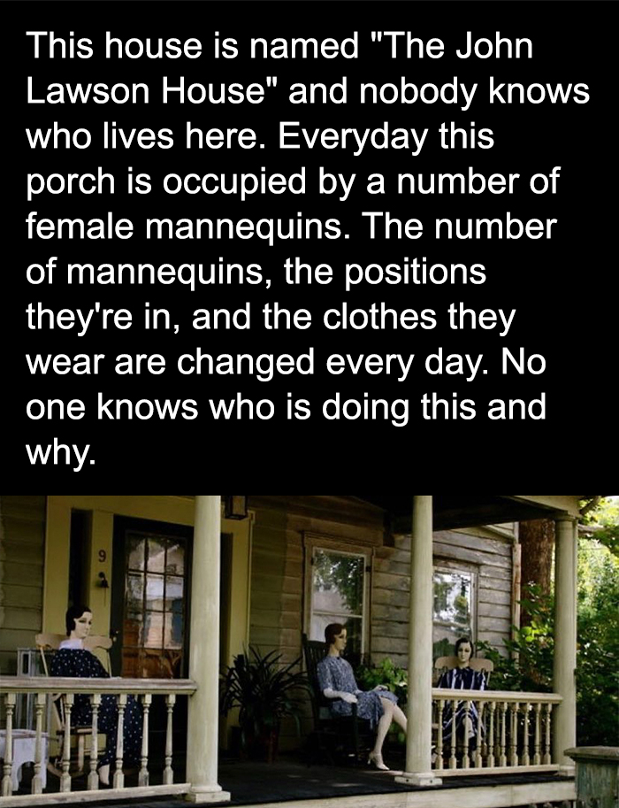 John Lawson house porch with female mannequins in different positions and clothes, creating a creepy atmosphere.
