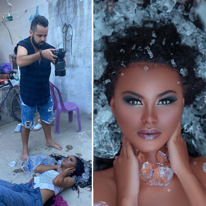 Photographer capturing behind the scenes of perfect professional photoshoot with woman surrounded by ice for dramatic effect.