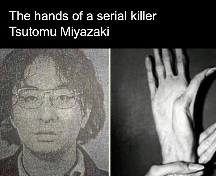 Black and white photo of Tsutomu Miyazaki and close-up of his hands related to creepy facts and pictures.
