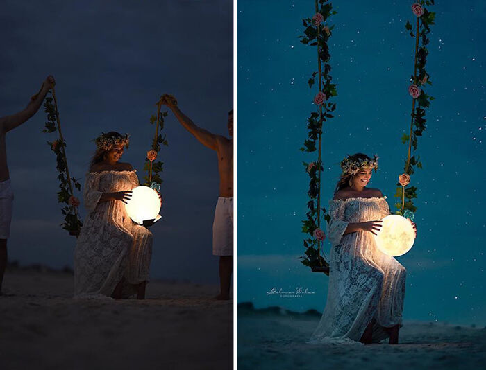 Woman in a lace dress on a floral swing holding a glowing orb, demonstrating perfect professional photo techniques.