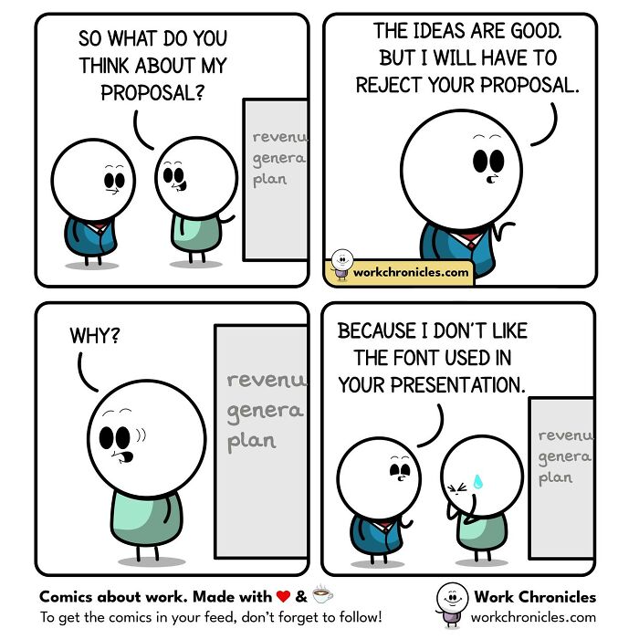 Office workers in a comic strip discussing and rejecting a proposal over font choice in a workplace presentation.