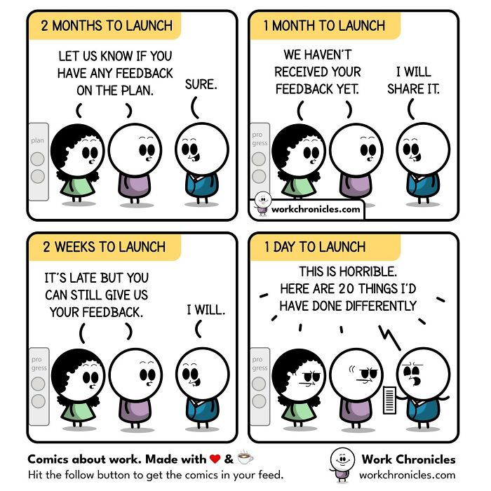 Office comic illustrating workplace feedback delays as project launch approaches, relatable to most people working in an office.