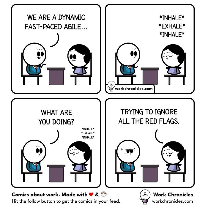 Office comic illustrating common workplace situations about ignoring red flags in meetings, relatable to most office workers.