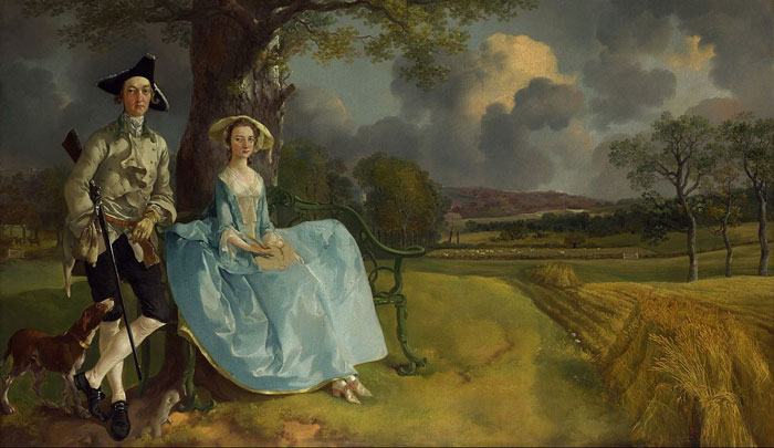 Couple dressed in historical attire sitting under a tree in a pastoral landscape by a world-famous painter.