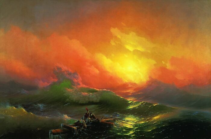 Vivid seascape painting with dramatic waves and a glowing sunset by a world-famous painter.