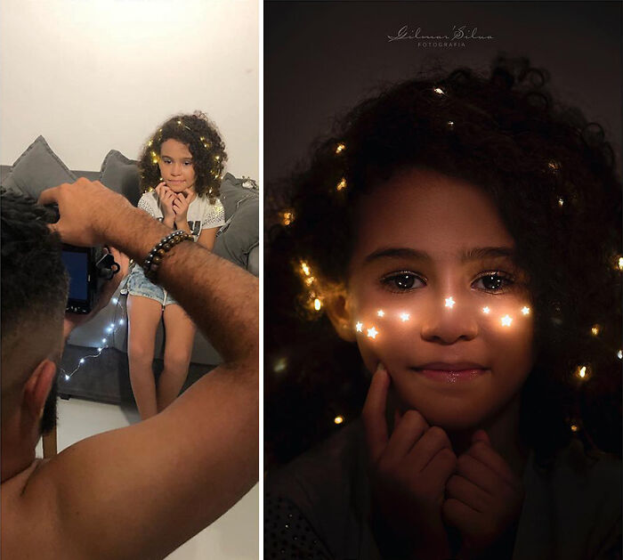 Photographer capturing a creative portrait of a young girl with star-shaped light effects in a professional photo setup.