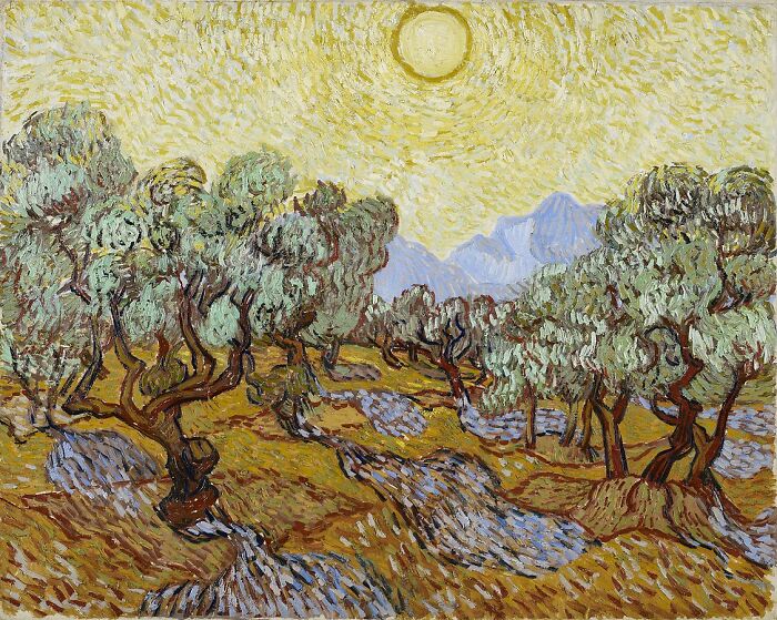 Landscape painting depicting a sunlit olive grove with swirling brushstrokes, by a world-famous painter.