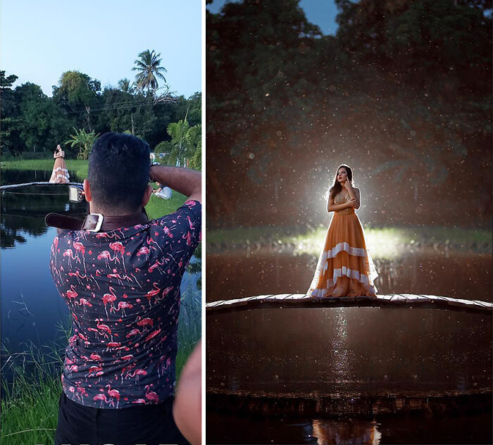 Photographer capturing a glowing woman in a flowing dress on a bridge, revealing the truth behind perfect professional photos.