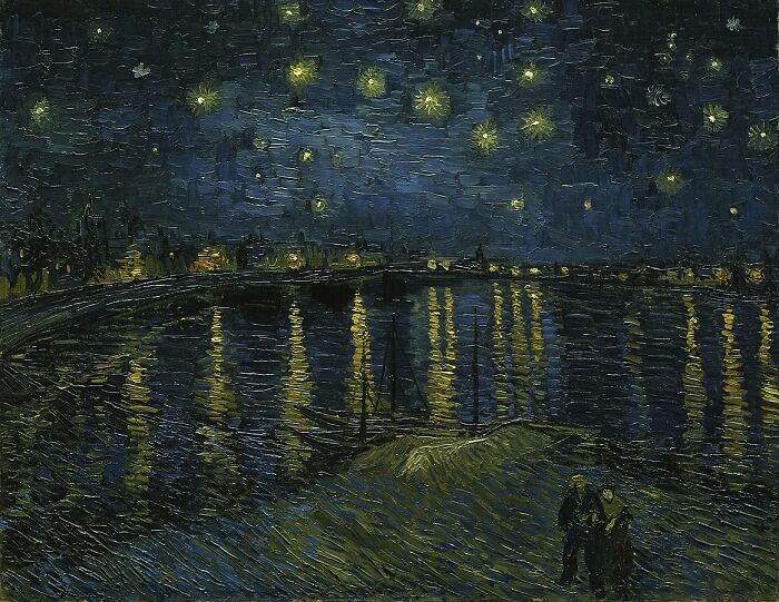 Landscape painting of a starry night sky reflecting over a river, created by a world-famous painter.