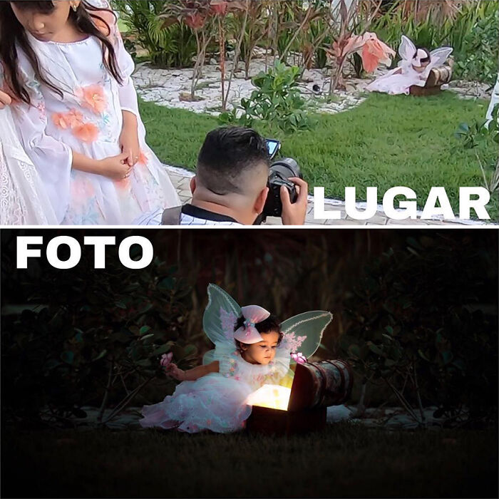 Photographer capturing creative professional photos showing the truth behind perfect results in a magical child portrait.